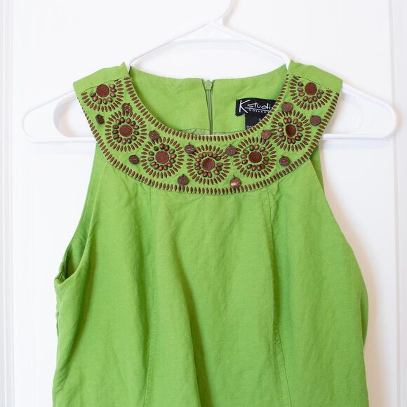 Boho VTG Bead Dress Linen Blend Embroidered Green Mini Sleeveless Bright Spring - Picture 5 of 9